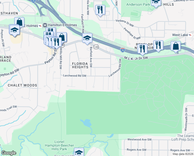 map of restaurants, bars, coffee shops, grocery stores, and more near 320 Camfield Court Southwest in Atlanta