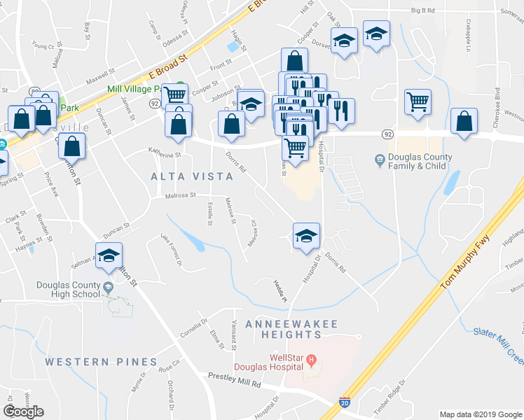 map of restaurants, bars, coffee shops, grocery stores, and more near 8541 Westchester Drive in Douglasville