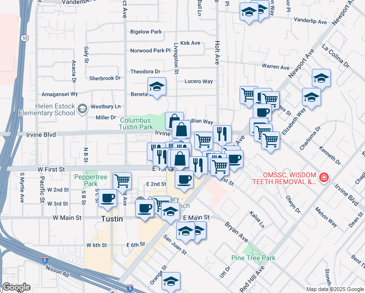 map of restaurants, bars, coffee shops, grocery stores, and more near 161 Fashion Lane in Tustin