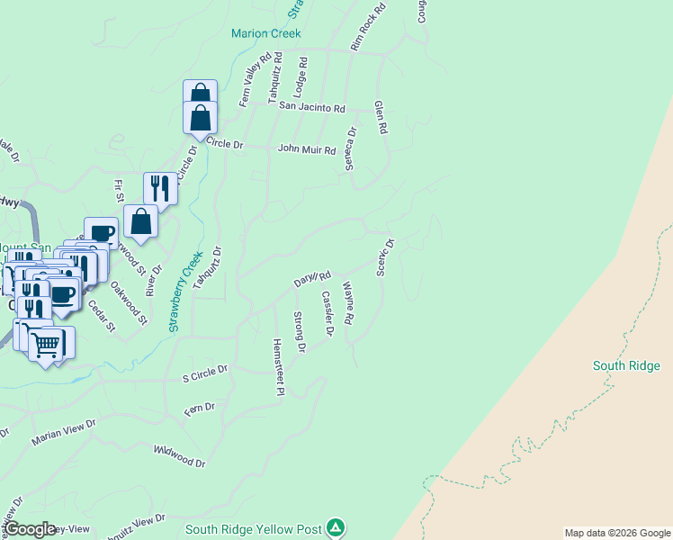 map of restaurants, bars, coffee shops, grocery stores, and more near 55175 Daryll Road in Idyllwild-Pine Cove