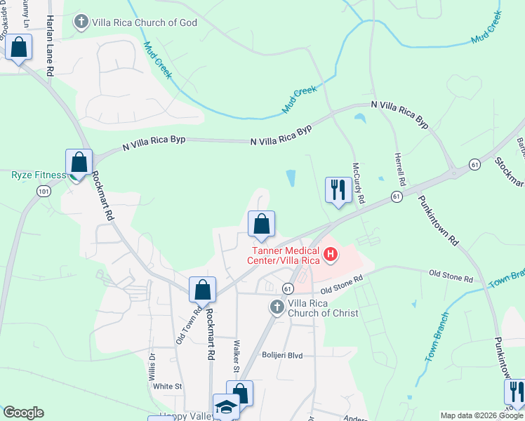 map of restaurants, bars, coffee shops, grocery stores, and more near 485 Vandenburg Drive in Villa Rica