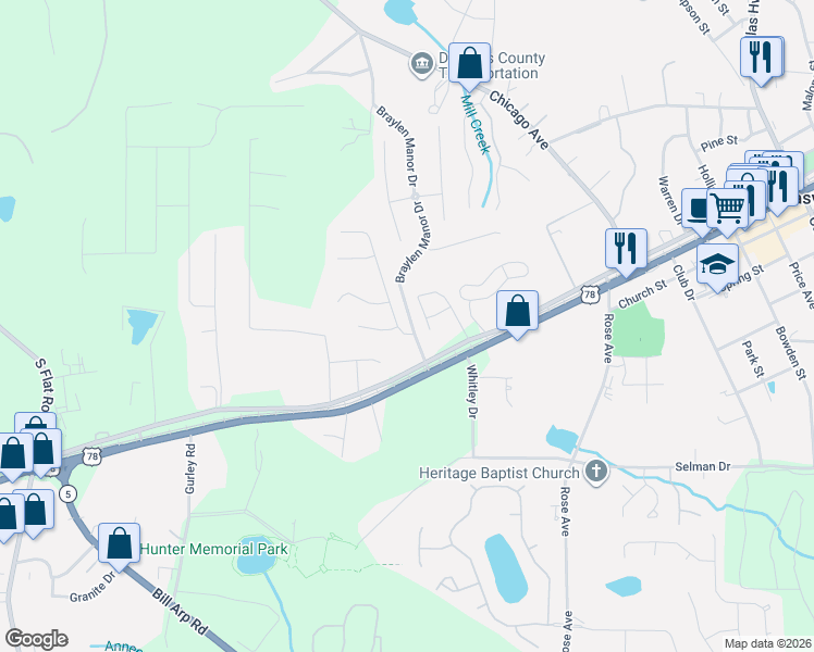 map of restaurants, bars, coffee shops, grocery stores, and more near 8456 Brook Lake Lane in Douglasville
