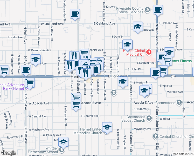 map of restaurants, bars, coffee shops, grocery stores, and more near in Hemet