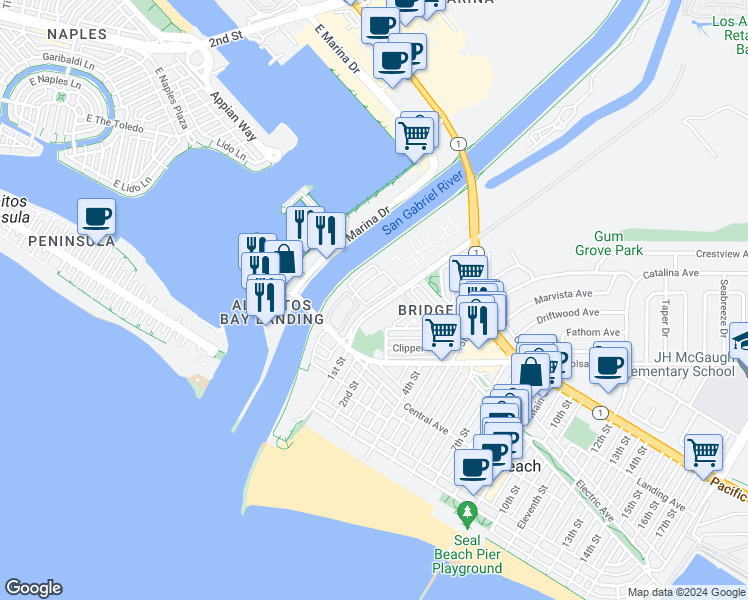 map of restaurants, bars, coffee shops, grocery stores, and more near 12 Cottonwood Lane in Seal Beach