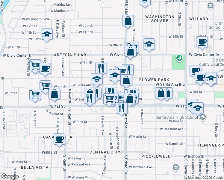 map of restaurants, bars, coffee shops, grocery stores, and more near 1401 West 3rd Street in Santa Ana