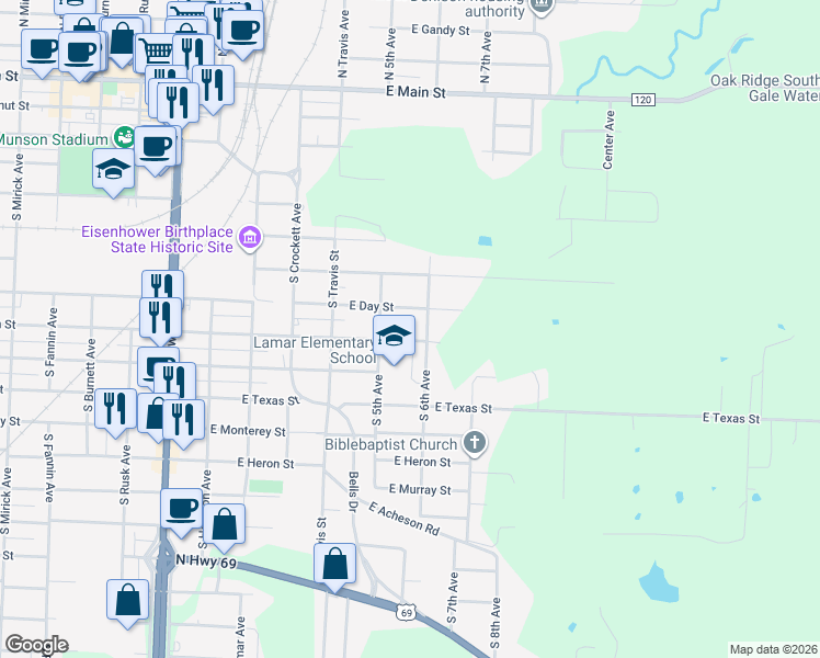 map of restaurants, bars, coffee shops, grocery stores, and more near 523 Munson Street in Denison
