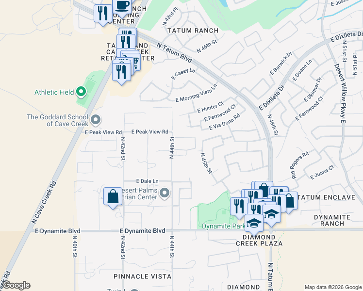 map of restaurants, bars, coffee shops, grocery stores, and more near 28811 North 44th Street in Cave Creek