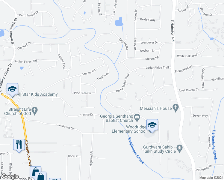 map of restaurants, bars, coffee shops, grocery stores, and more near 4436 Cedar Ridge Trail in Stone Mountain