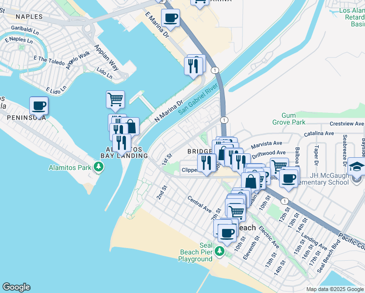 map of restaurants, bars, coffee shops, grocery stores, and more near 12 Cottonwood Lane in Seal Beach