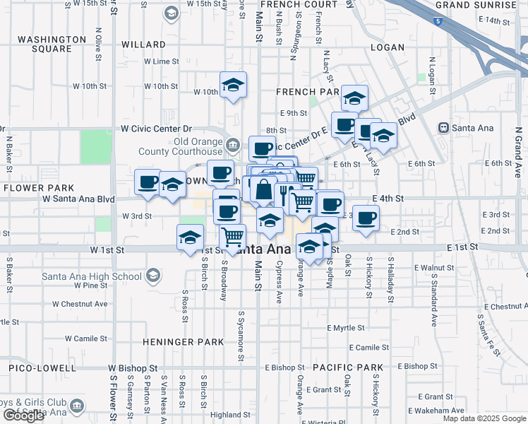 map of restaurants, bars, coffee shops, grocery stores, and more near 210 East 4th Street in Santa Ana
