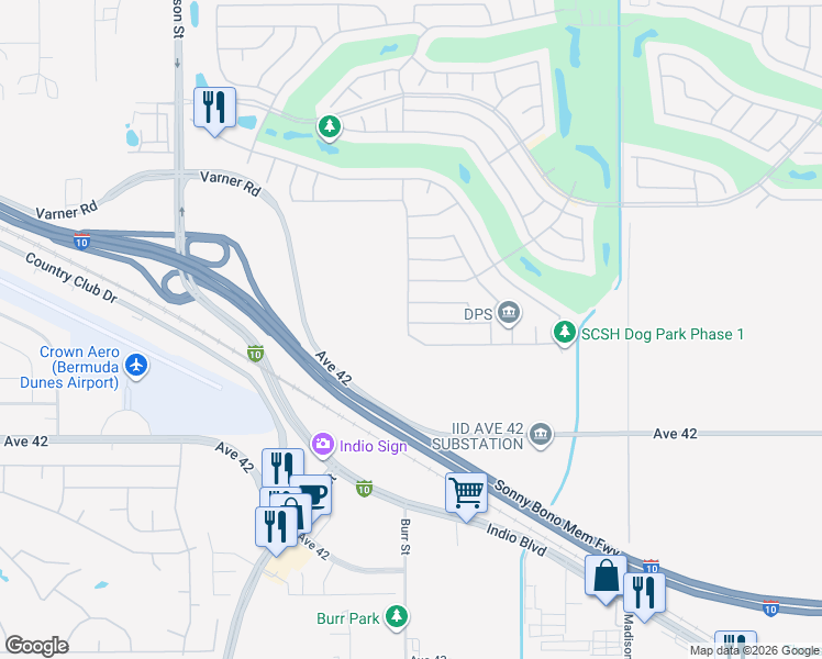 map of restaurants, bars, coffee shops, grocery stores, and more near 80519 Avenida Camarillo in Indio
