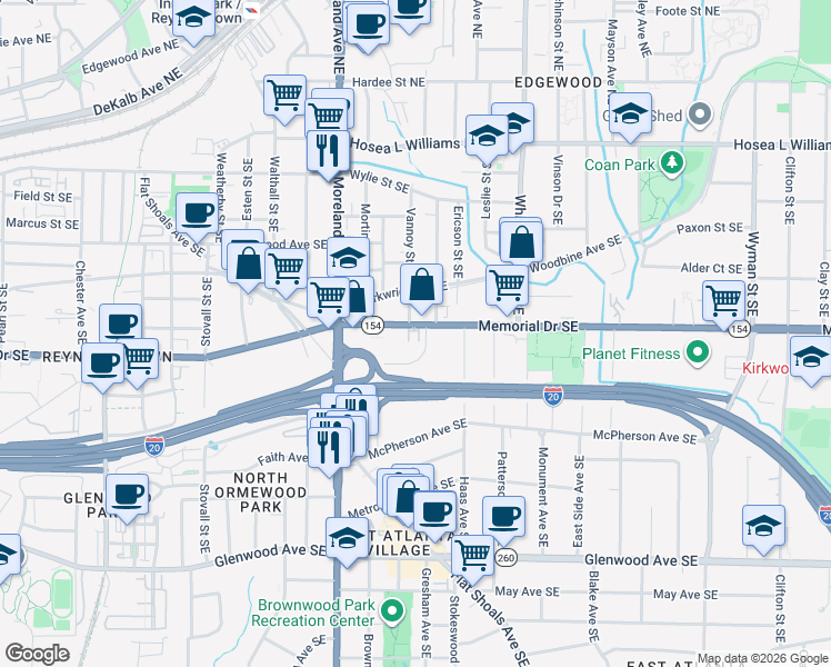 map of restaurants, bars, coffee shops, grocery stores, and more near 311 Vannoy Park Lane Drive Southeast in Atlanta