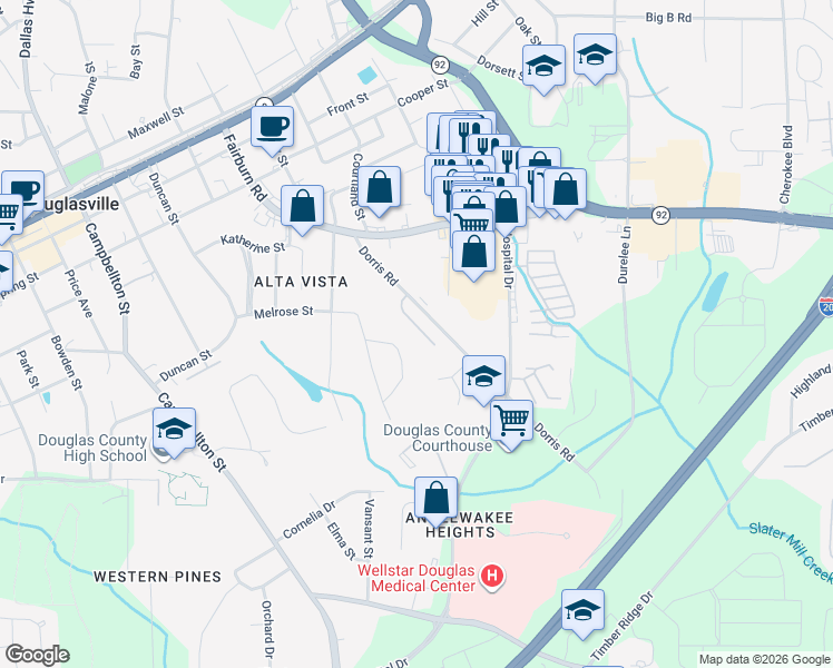 map of restaurants, bars, coffee shops, grocery stores, and more near 8541 Westchester Drive in Douglasville