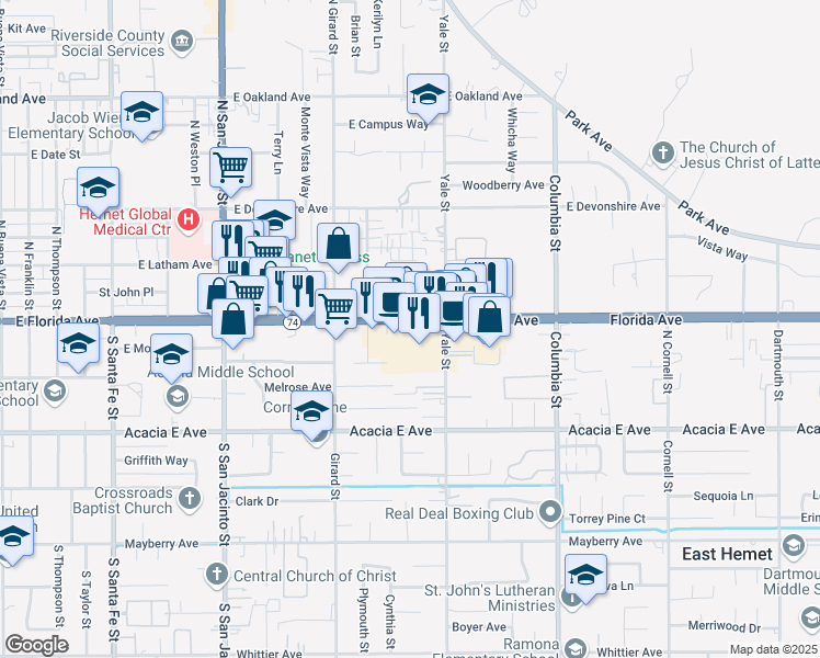 map of restaurants, bars, coffee shops, grocery stores, and more near 1939 East Florida Avenue in Hemet