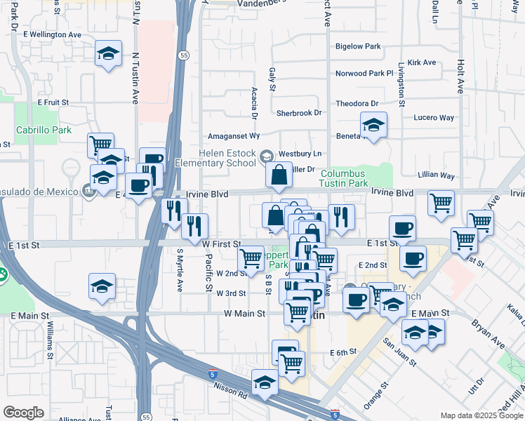 map of restaurants, bars, coffee shops, grocery stores, and more near 345 West First Street in Tustin