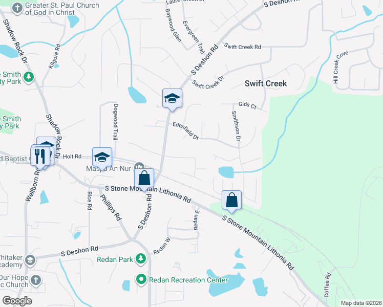 map of restaurants, bars, coffee shops, grocery stores, and more near 6341 Deshong Drive in Lithonia