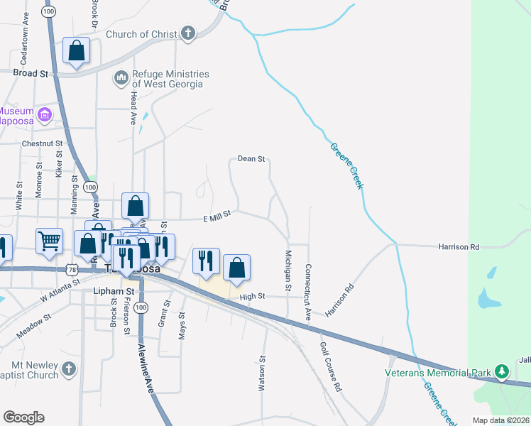 map of restaurants, bars, coffee shops, grocery stores, and more near 202 Pennsylvania Avenue in Tallapoosa