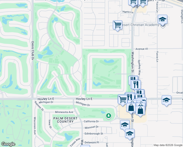 map of restaurants, bars, coffee shops, grocery stores, and more near 41539 Woodhaven Drive West in Palm Desert