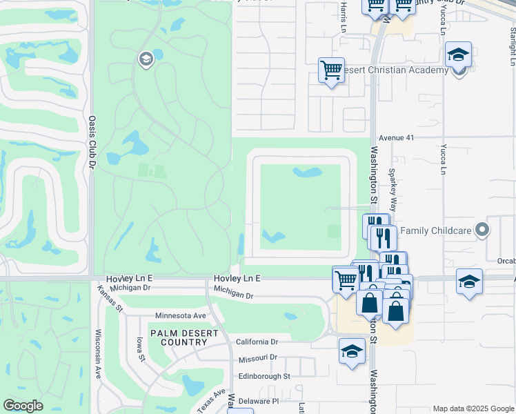 map of restaurants, bars, coffee shops, grocery stores, and more near 41539 Woodhaven Drive West in Palm Desert