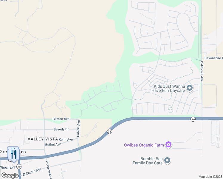 map of restaurants, bars, coffee shops, grocery stores, and more near 8680 Stephenson Lane in Hemet