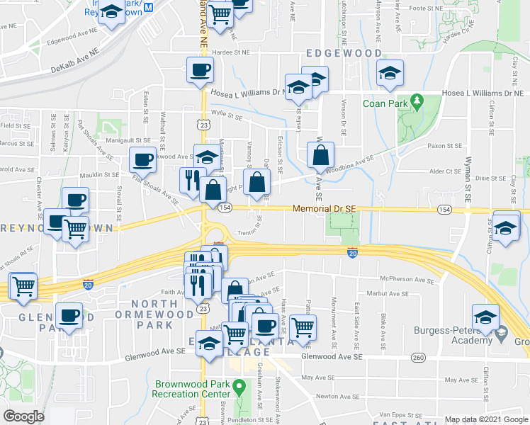map of restaurants, bars, coffee shops, grocery stores, and more near 1285 Memorial Drive Southeast in Atlanta