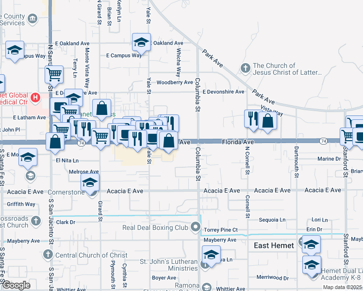 map of restaurants, bars, coffee shops, grocery stores, and more near Florida Avenue in Hemet