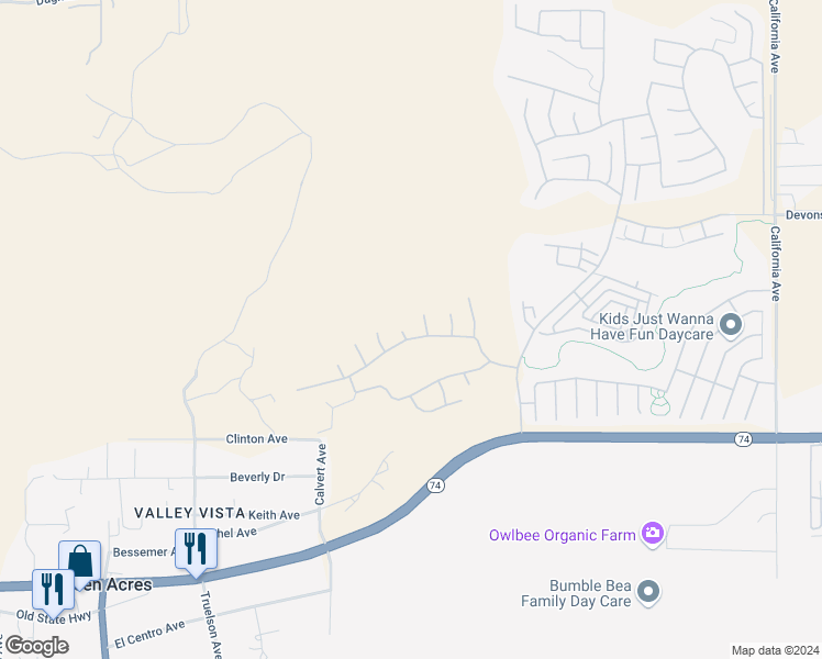 map of restaurants, bars, coffee shops, grocery stores, and more near 190 Inkster Way in Hemet