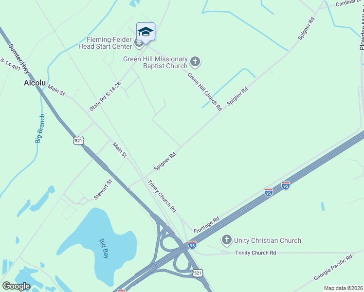 map of restaurants, bars, coffee shops, grocery stores, and more near Spigner Road in Alcolu