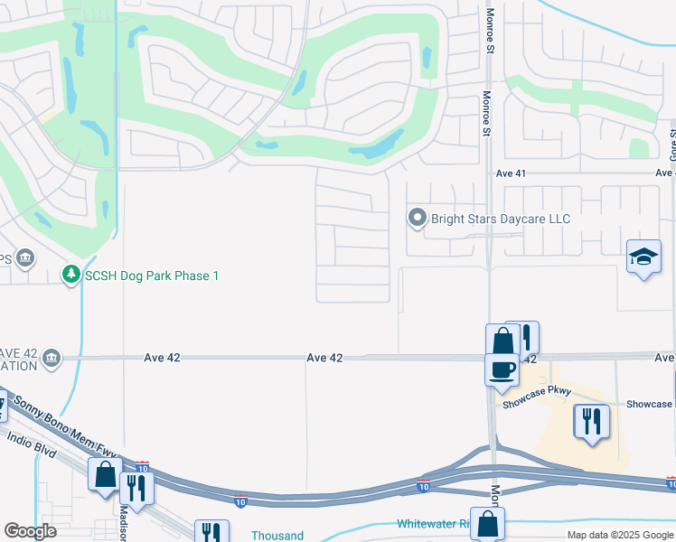 map of restaurants, bars, coffee shops, grocery stores, and more near 81587 Avenida De Musica in Indio