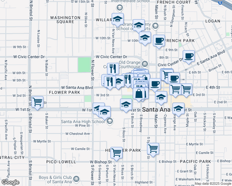map of restaurants, bars, coffee shops, grocery stores, and more near 550 West Santa Ana Boulevard in Santa Ana