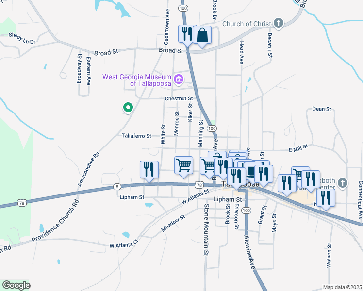map of restaurants, bars, coffee shops, grocery stores, and more near 151 West Mill Street in Tallapoosa