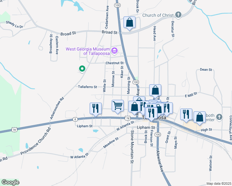 map of restaurants, bars, coffee shops, grocery stores, and more near 153 West Mill Street in Tallapoosa