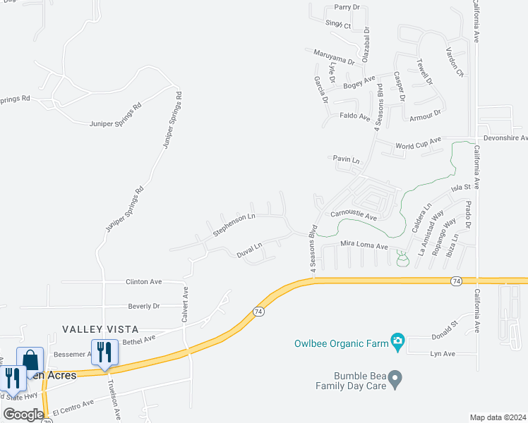 map of restaurants, bars, coffee shops, grocery stores, and more near 8680 Stephenson Lane in Hemet