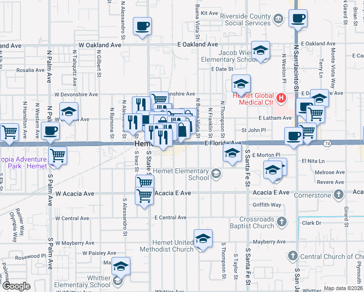 map of restaurants, bars, coffee shops, grocery stores, and more near in Hemet