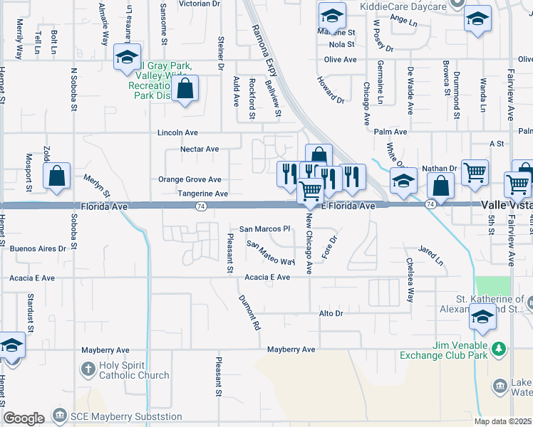 map of restaurants, bars, coffee shops, grocery stores, and more near 1150 Kirby Street in Hemet