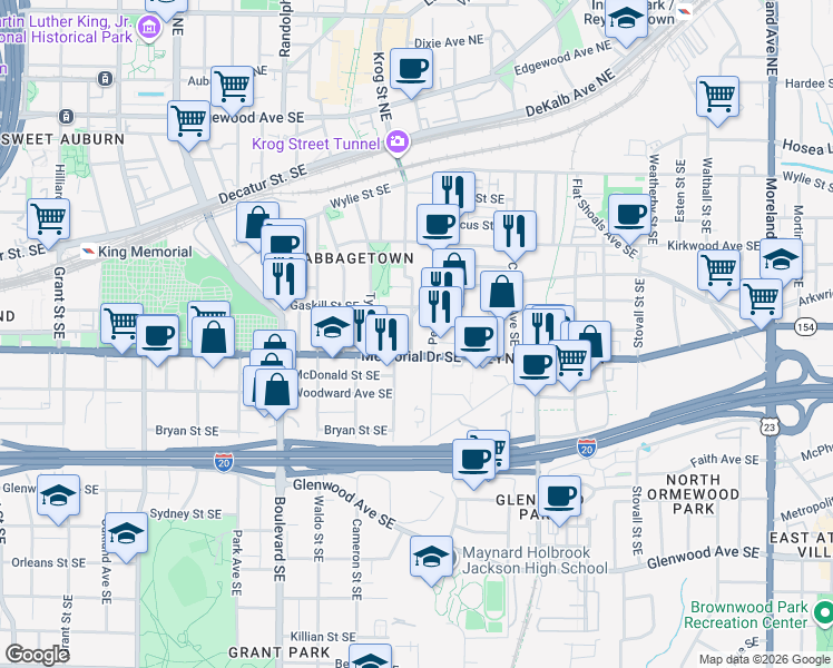 map of restaurants, bars, coffee shops, grocery stores, and more near 262 Estoria Street Southeast in Atlanta