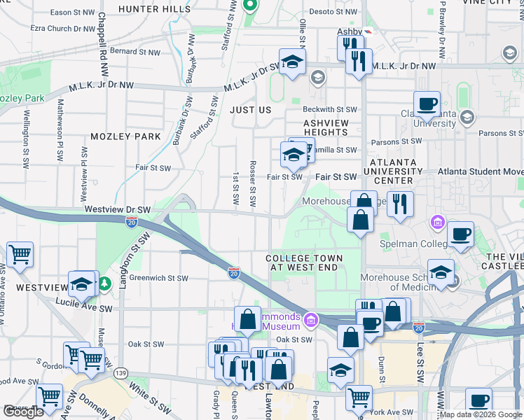 map of restaurants, bars, coffee shops, grocery stores, and more near 305 Dargan Place Southwest in Atlanta