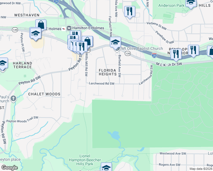 map of restaurants, bars, coffee shops, grocery stores, and more near 2342 Larchwood Road Southwest in Atlanta