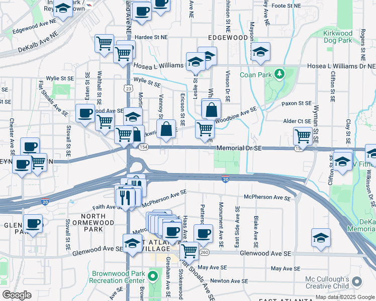 map of restaurants, bars, coffee shops, grocery stores, and more near 1331 Memorial Drive Southeast in Atlanta