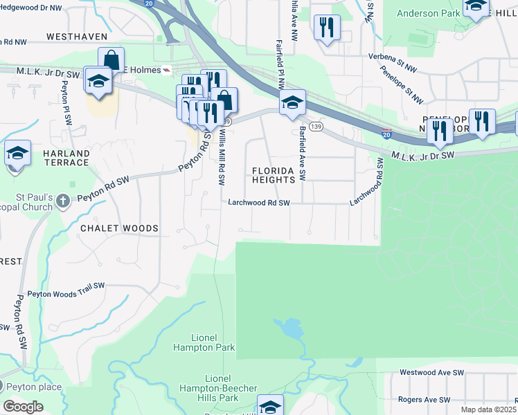 map of restaurants, bars, coffee shops, grocery stores, and more near 2358 Larchwood Road Southwest in Atlanta