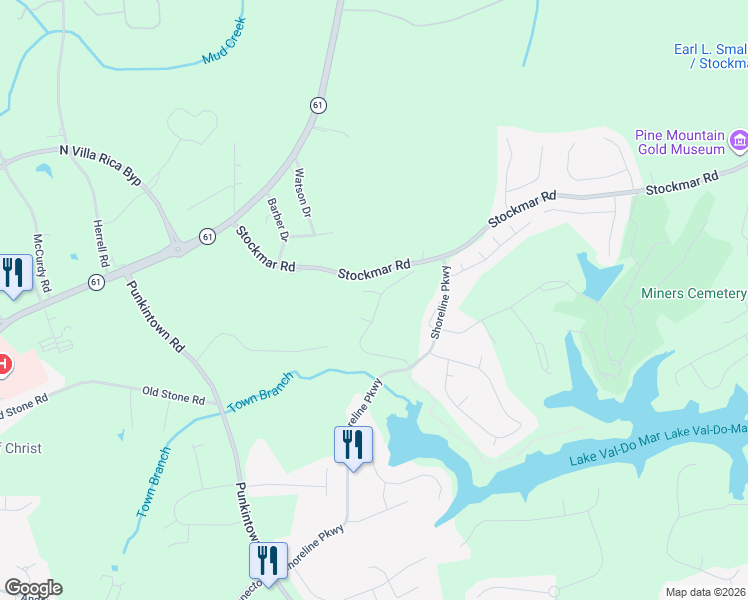 map of restaurants, bars, coffee shops, grocery stores, and more near 2124 Owls Way in Villa Rica