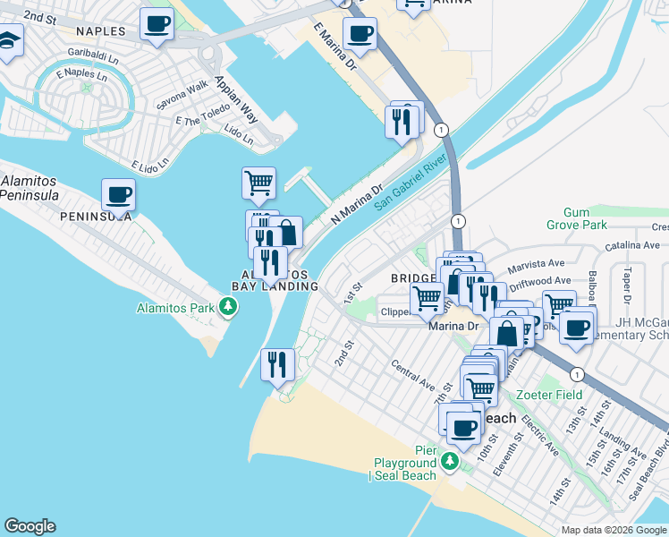 map of restaurants, bars, coffee shops, grocery stores, and more near 329 Regatta Way in Seal Beach