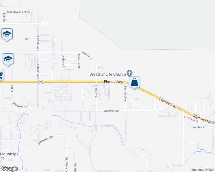 map of restaurants, bars, coffee shops, grocery stores, and more near 45055 California 74 in Hemet