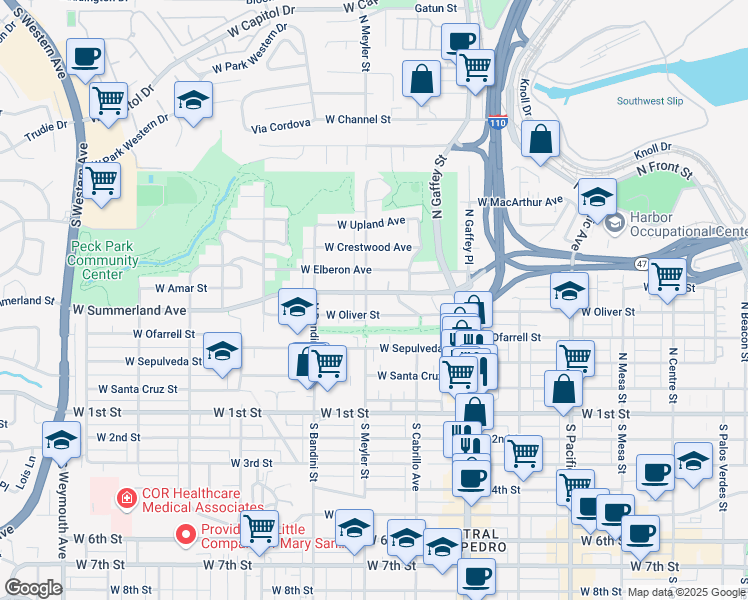 map of restaurants, bars, coffee shops, grocery stores, and more near 889 West Summerland Avenue in Los Angeles