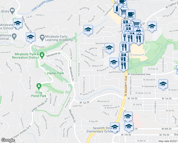 map of restaurants, bars, coffee shops, grocery stores, and more near 2116 West General Street in Rancho Palos Verdes