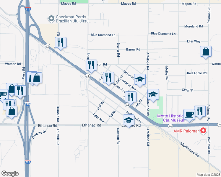 map of restaurants, bars, coffee shops, grocery stores, and more near California 74 in Romoland