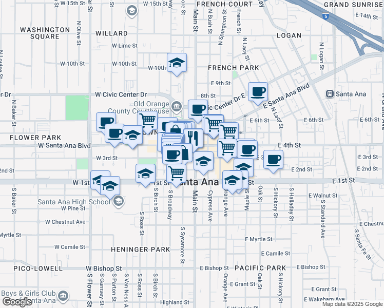 map of restaurants, bars, coffee shops, grocery stores, and more near 190 West 3rd Street in Santa Ana
