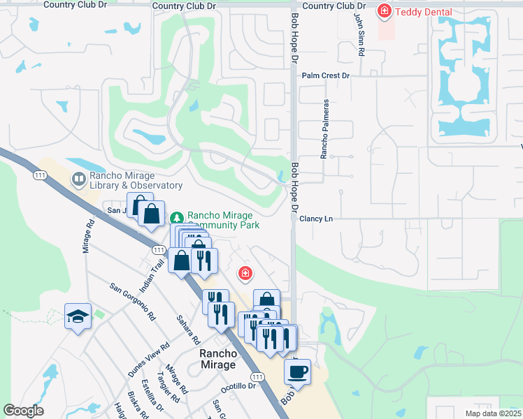 map of restaurants, bars, coffee shops, grocery stores, and more near 25 Majorca Drive in Rancho Mirage