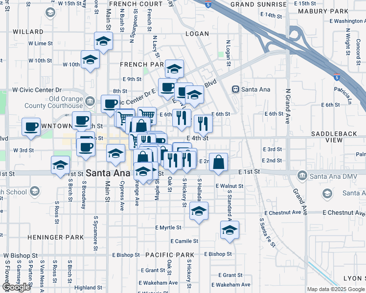 map of restaurants, bars, coffee shops, grocery stores, and more near in Santa Ana