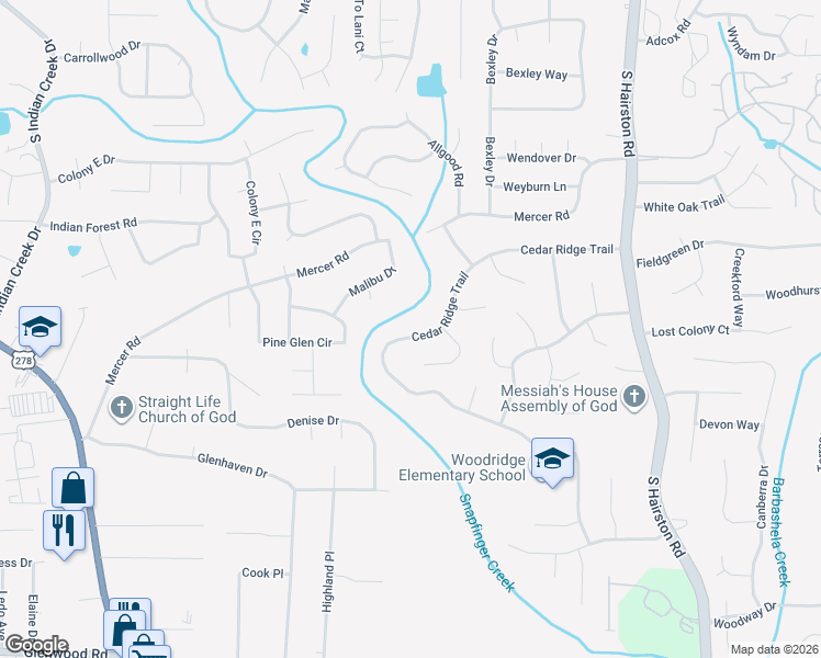 map of restaurants, bars, coffee shops, grocery stores, and more near 4449 Cedar Ridge Trail in Stone Mountain